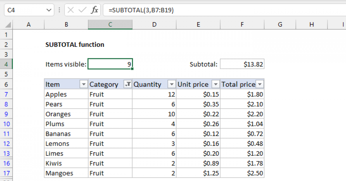 Excel Subtotal Ignore Hidden Rows